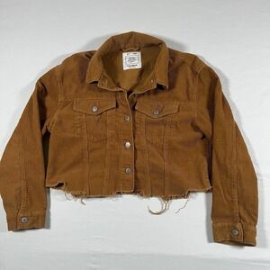 Pull&Bear Cropped Frayed Hem Button Jacket Brown Pockets Women's Size S